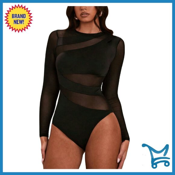Sheer Mesh Long Sleeve Bodysuit Cut Out Crew Neck Top